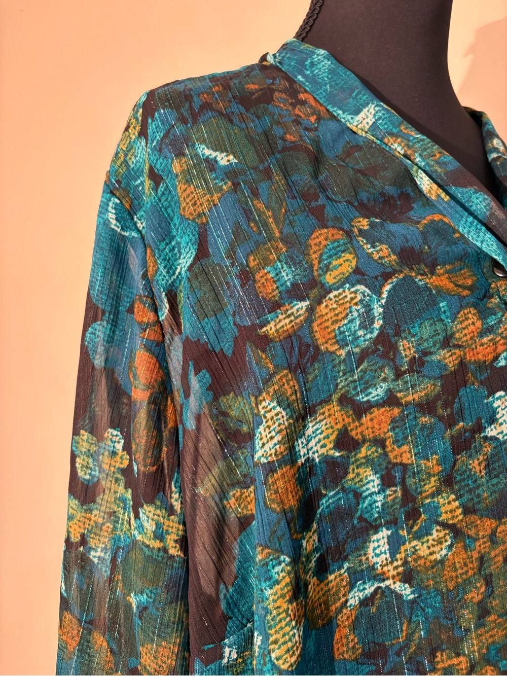 Sheer Teal & Gold Floral Tie-Neck Blouse-with Glimmering Silver Threading! - Picture 8 of 16